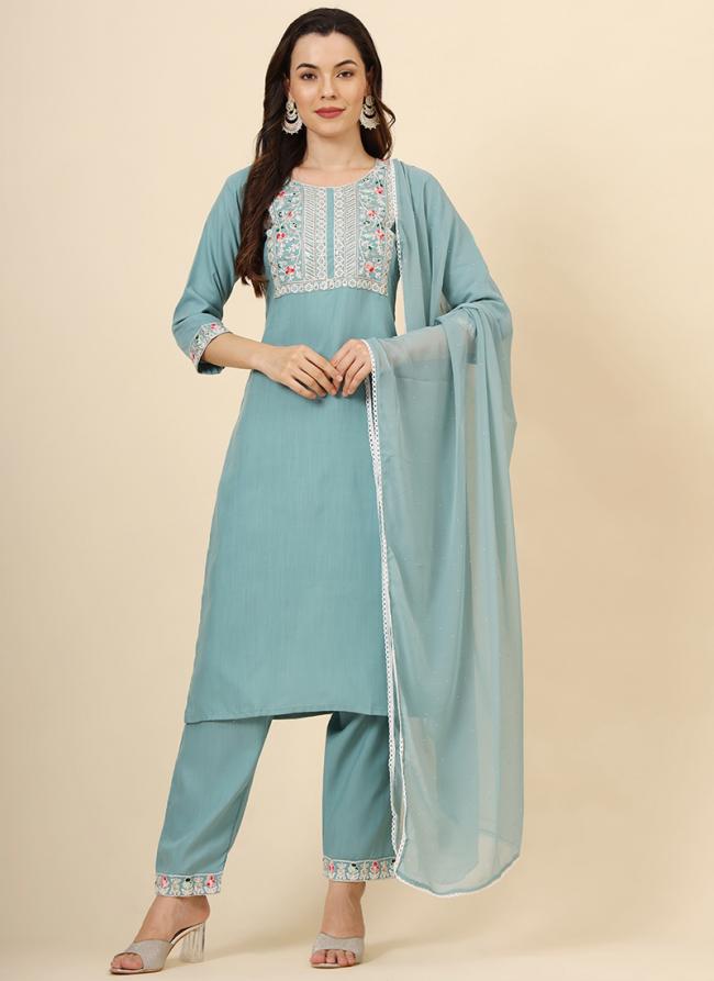 Cotton Sky Blue Casual Wear Embroidery Work Readymade Kurti Set